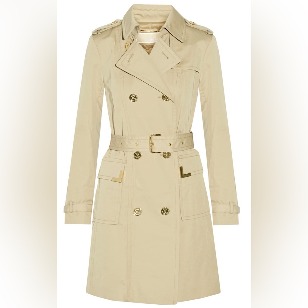 Michael Kors Beige Double-Breasted Trench Coat with Gold Hardware